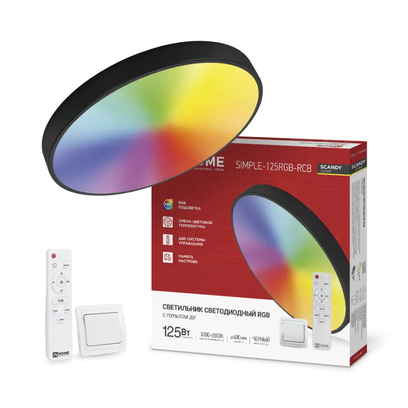 картинка Светильник светодиодный SCANDY SIMPLE-125RGB-RCB 125Вт 230В 3000-6500K 10000Лм 400x50мм пульт ДУ черный IN HOME