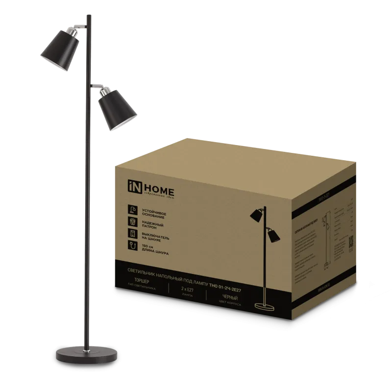 картинка Светильник напольный под лампу ТНО 01-2-2хЕ27Ч 230В черный плафон, черный корпус IN HOME