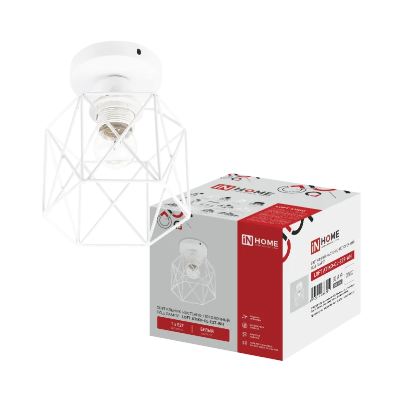 картинка Светильник настенно-потолочный под лампу LOFT ATIKO-CL-E27-WH Е27 белый IN HOME