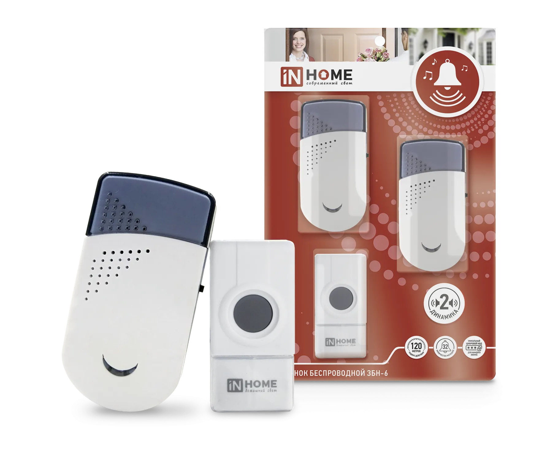 картинка Звонок беспроводной ЗБН-6 с двумя динамиками 32 мелодии 120м с кнопкой IP44 бело-серый IN HOME