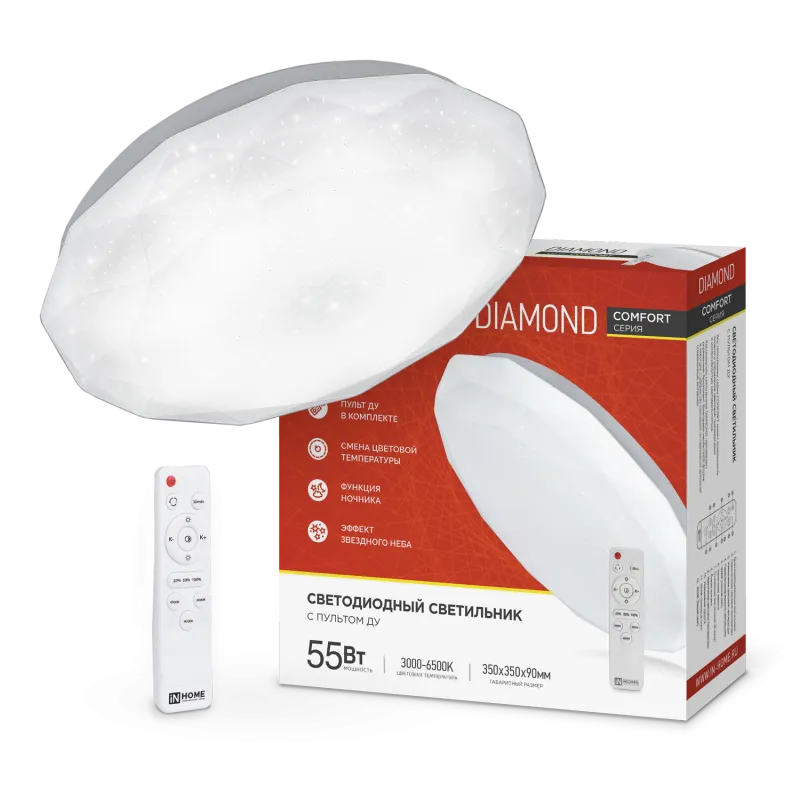 картинка Светильник светодиодный COMFORT DIAMOND 55Вт 230В 3000-6500K 4400Лм 350x90мм с пультом ДУ IN HOME