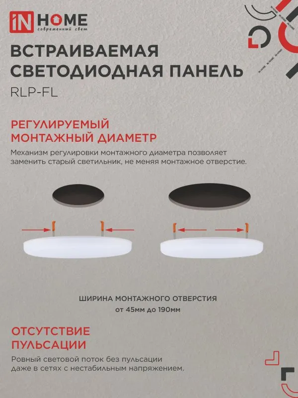 картинка Панель светодиодная встраиваемая безрамочная RLP-FL 36Вт 230В 4000К 3240Лм 223мм с регулируемым монтажом 45-190мм белая IP20 IN HOME