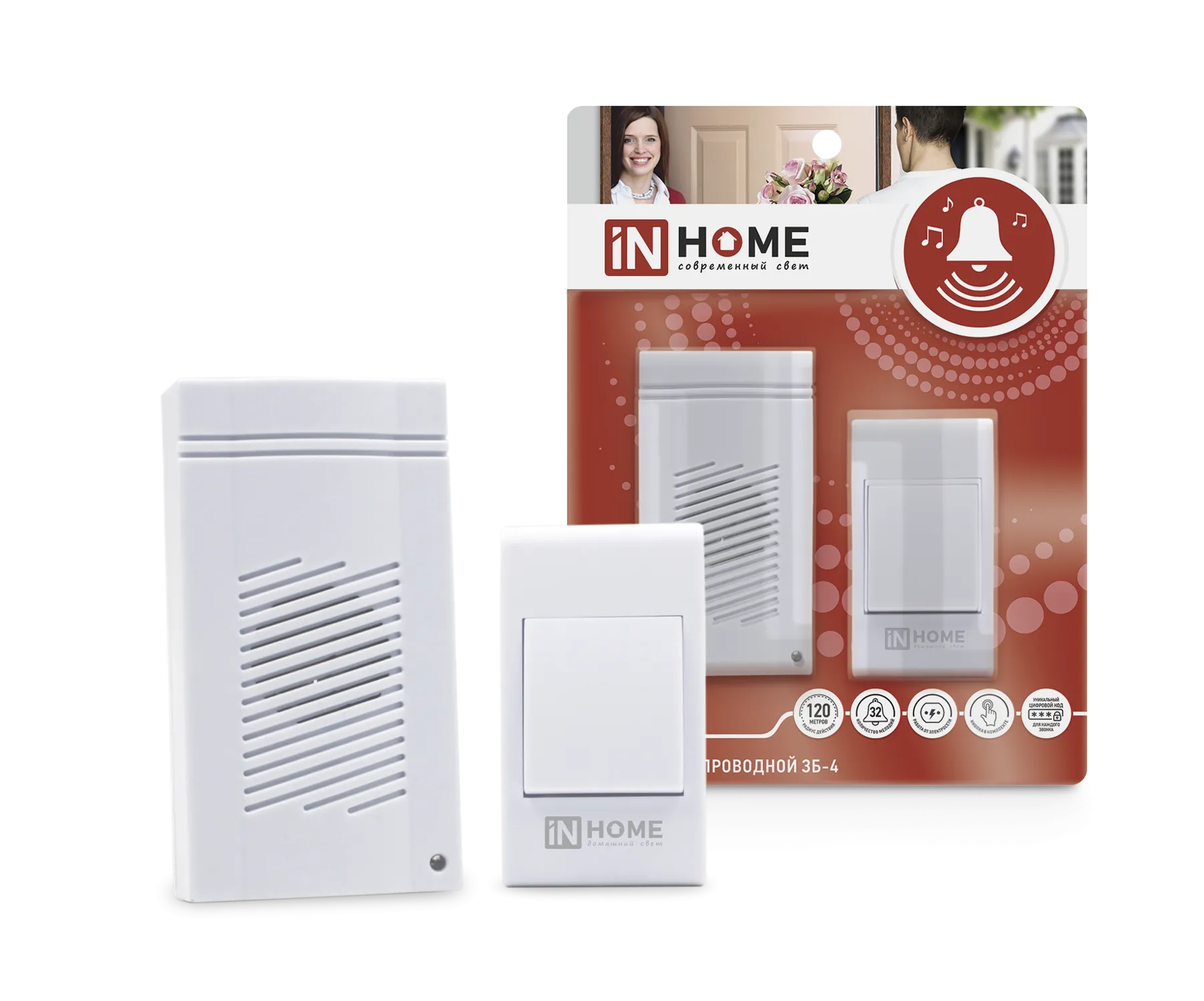 картинка Звонок беспроводной ЗБ-4 32 мелодии 120м сетевой с кнопкой белый IN HOME