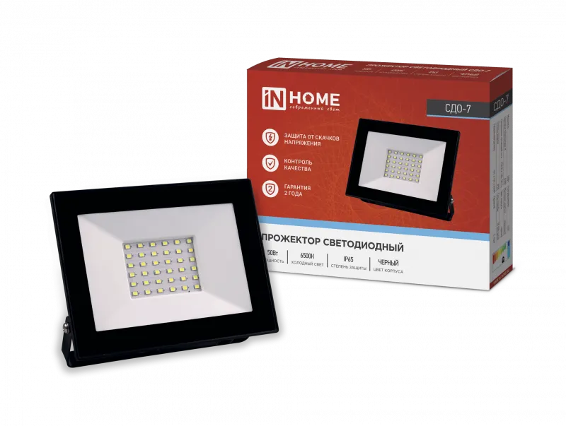 картинка Прожектор светодиодный СДО-7 50Вт 230В 6500К IP65 черный IN HOME