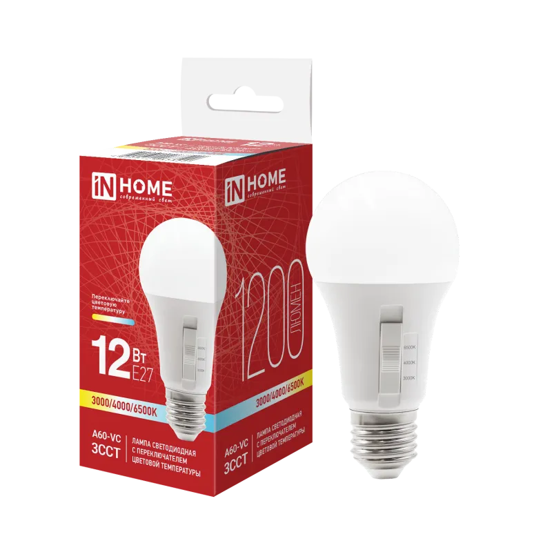 картинка Лампа светодиодная LED-A60-VC 12Вт 230В Е27 1200Лм 3ССТ 3000/4000/6500К с переключателем на лампе IN HOME
