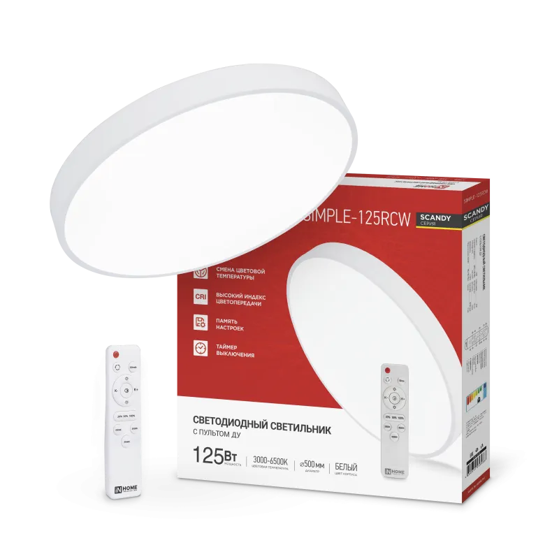 картинка Светильник светодиодный SCANDY SIMPLE-125RCW 125Вт 230В 3000-6500K 10000Лм 500x50мм с пультом ДУ белый IN HOME