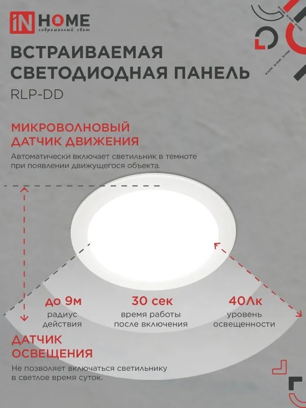 картинка Панель светодиодная встраиваемая круглая RLP-DD 18Вт 230В 4000К 1440Лм 177мм, датчик движения, белая IP40 IN HOME