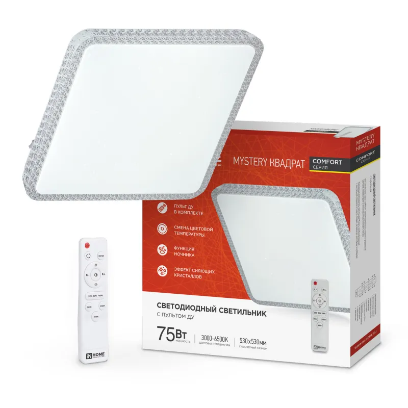 картинка Светильник светодиодный COMFORT MYSTERY КВАДРАТ 75Вт 230В 3000-6500K 6000Лм 550х80мм с пультом ДУ IN HOME