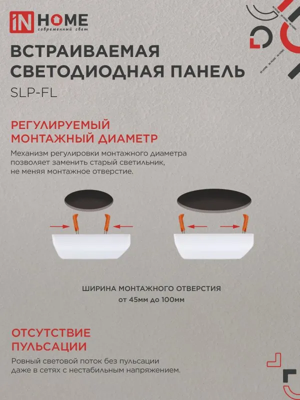 картинка Панель светодиодная встраиваемая безрамочная SLP-FL 18Вт 230В 6500К 1620Лм 121мм с регулируемым монтажом 45-100мм белая IP20 IN HOME