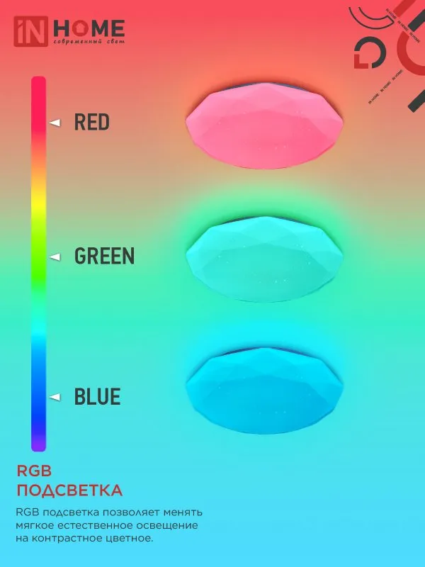 картинка Светильник светодиодный COMFORT DIAMOND-RGB 75Вт 230В 3000-6500K 6000Лм 500x105мм с пультом ДУ IN HOME