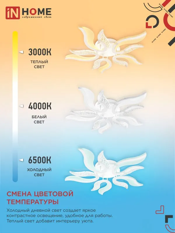 картинка Светильник светодиодный ELEGANT FLAME 90Вт 230В 3000-6500K 820х802х87мм c пультом ДУ белый IN HOME