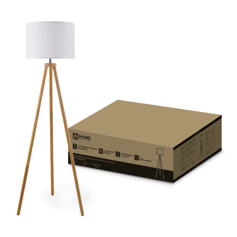картинка Светильник напольный под лампу ТНО 24-Е27-WT 230В белый абажур, деревянная тренога IN HOME