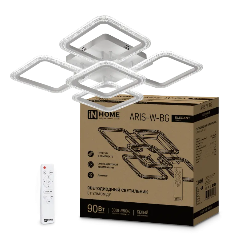 картинка Светильник светодиодный ELEGANT ARIS-W-BG 90Вт 230В 3000-6500K 7000Лм 557х557х115мм пульт ДУ белый IN HOME