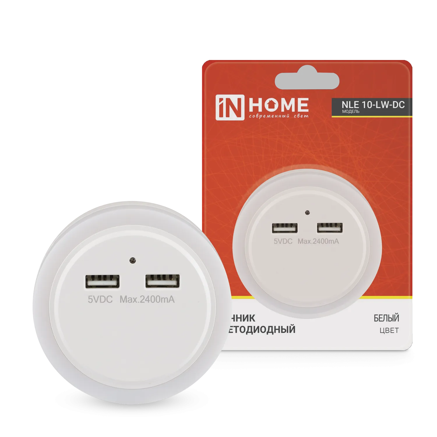 картинка Ночник светодиодный NLE 10-LW-DC белый 2хUSB разъема с датчиком освещения 230В IN HOME