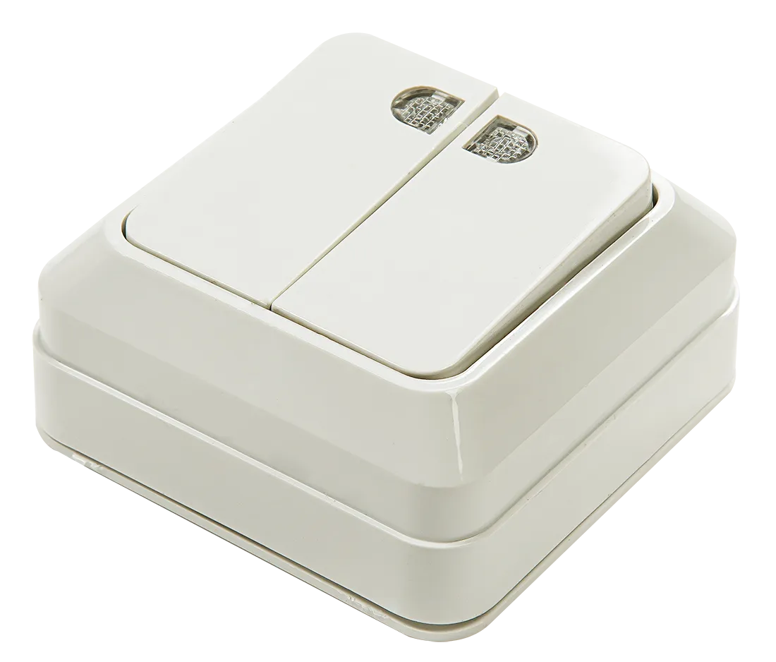 картинка Выключатель двухклавишный с подсветкой BOLLETO белый накладной 7123 IN HOME