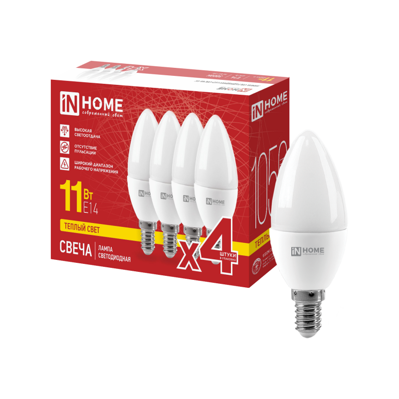 картинка Лампа светодиодная LED-СВЕЧА-VC 4PACK 11Вт 230В Е14 3000К 1050Лм (4шт./упак) IN HOME