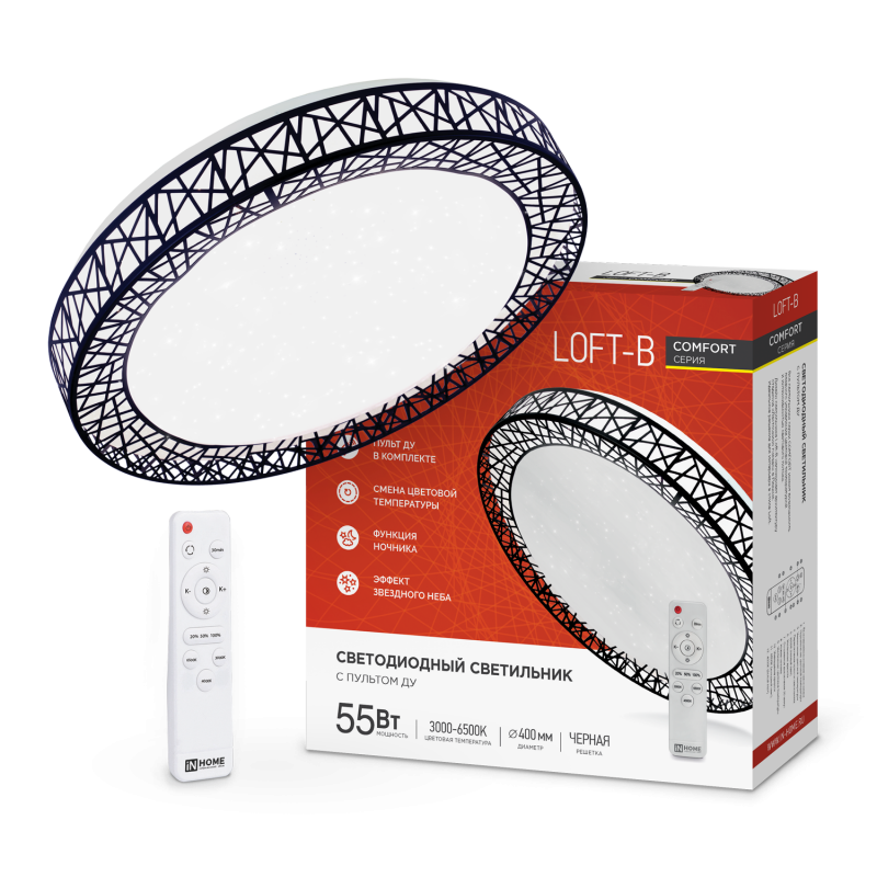 картинка Светильник светодиодный COMFORT LOFT-B 55Вт 230В 3000-6500K 4400Лм 395x105мм с пультом ДУ IN HOME