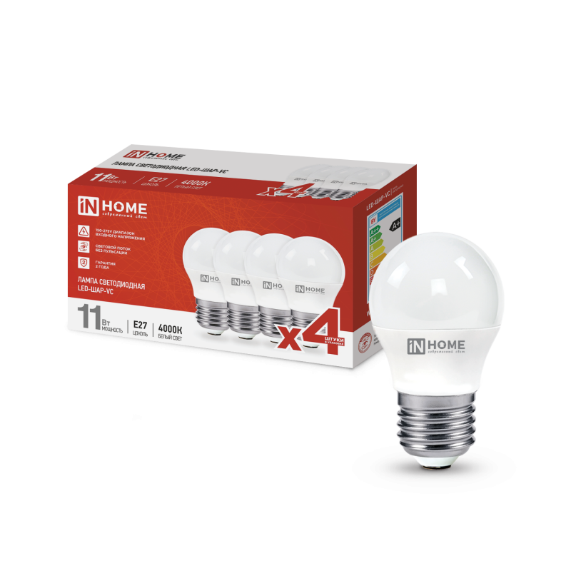 картинка Лампа светодиодная LED-ШАР-VC 4PACK 11Вт 230В Е27 4000К 1050Лм (4шт./упак) IN HOME
