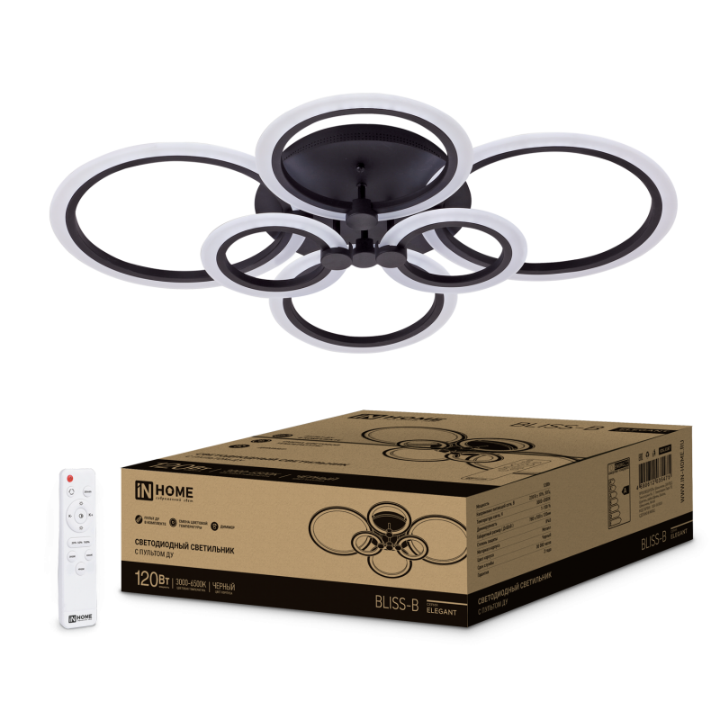 картинка Светильник светодиодный ELEGANT BLISS-B 120Вт 230В 3000-6500K 780х550х130мм c пультом ДУ черный IN HOME