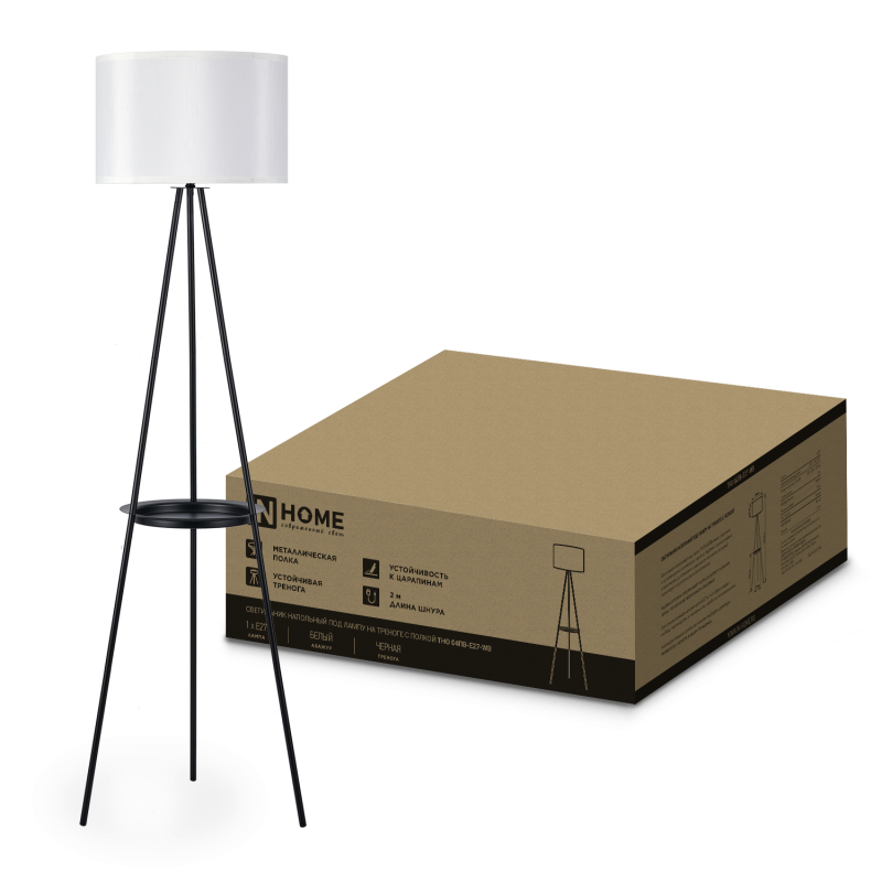 картинка Светильник напольный под лампу ТНО 04ПВ-Е27-WB 230В полка, белый абажур, черная тренога IN HOME