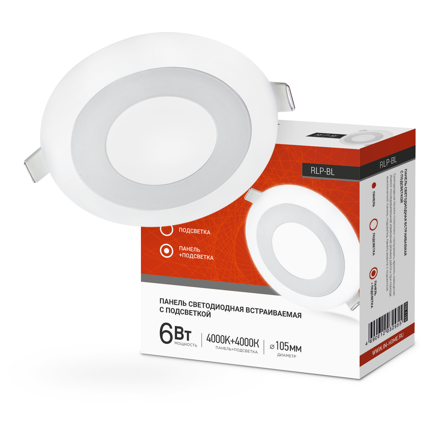 картинка Панель светодиодная встраиваемая круглая RLP-BL 6Вт 230В 4000К 350Лм 105мм с подсветкой белая IP20 IN HOME