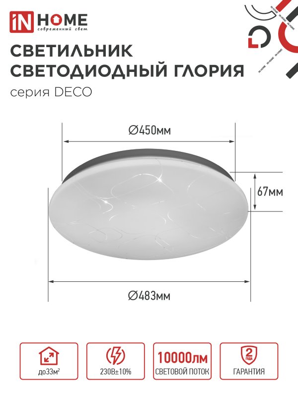 картинка Светильник светодиодный серии DECO ГЛОРИЯ 95Вт 230В 6500К 10000Лм 483х67мм IN HOME