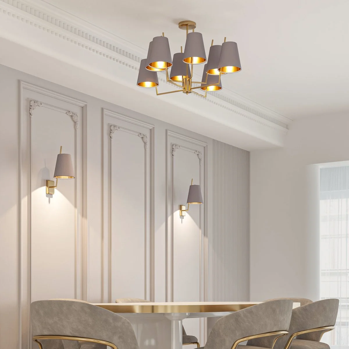картинка Умная потолочная люстра с тканевыми абажурами 60173/8 латунь