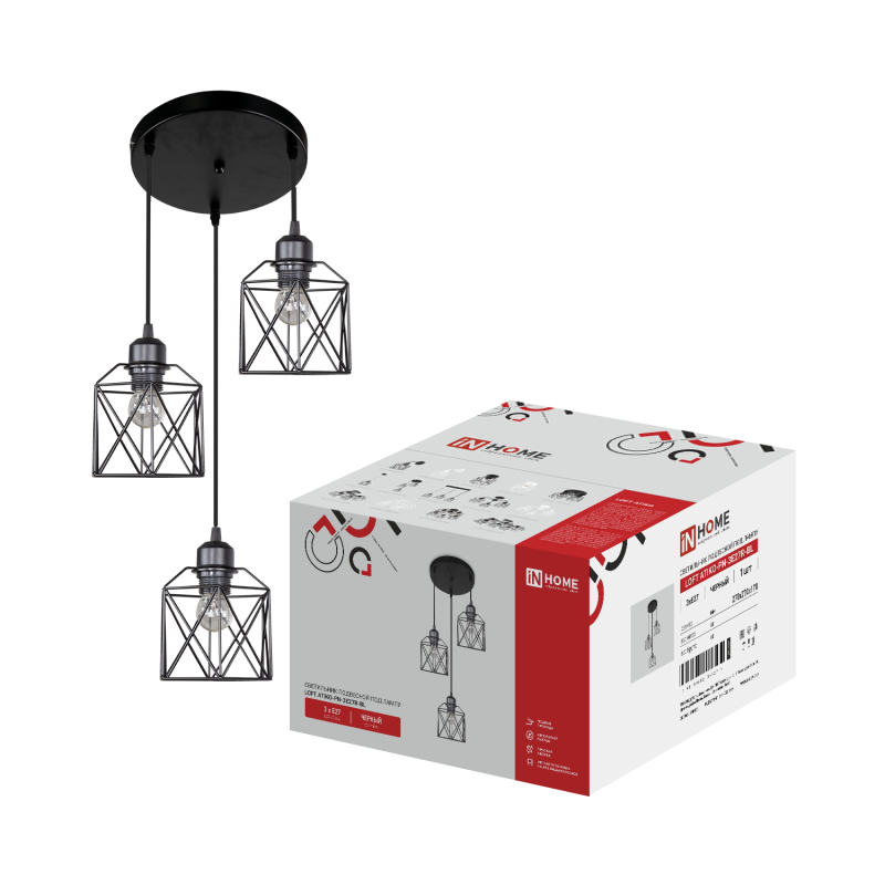 картинка Светильник подвесной под лампу LOFT ATIKO-PN-3E27R-BL 3хЕ27 подвес 1м круглая база черный IN HOME