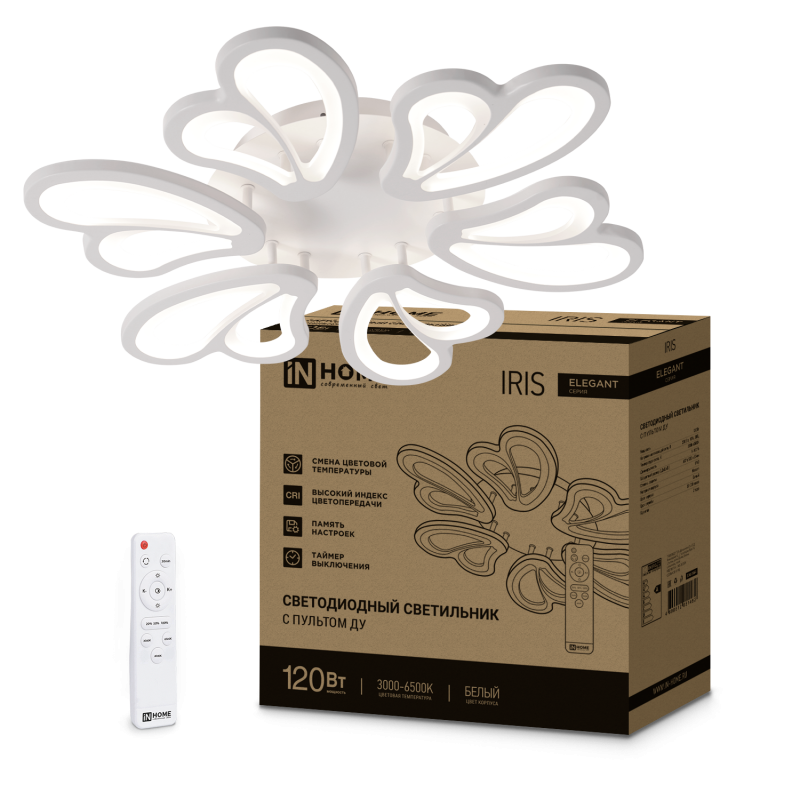 картинка Светильник светодиодный ELEGANT IRIS 120Вт 230В 3000-6500K 607х535х85мм c пультом ДУ белый IN HOME