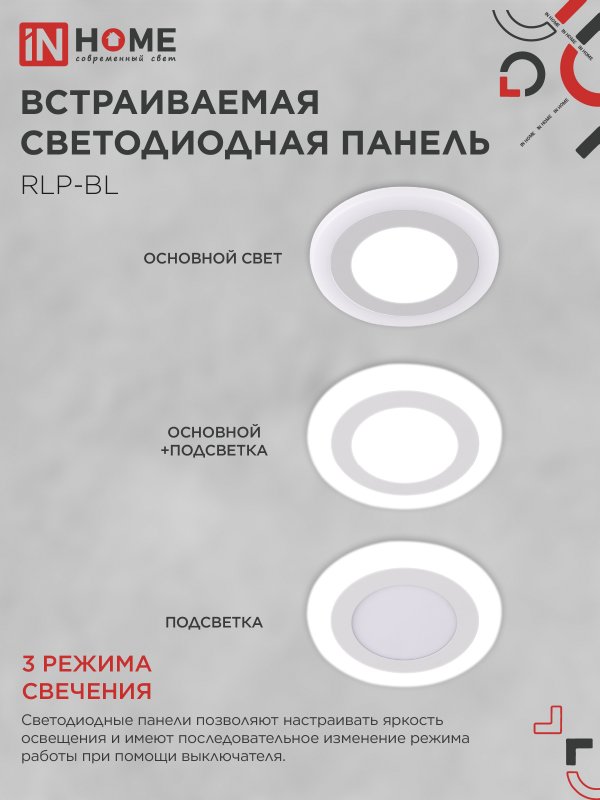 картинка Панель светодиодная встраиваемая круглая RLP-BL 9Вт 230В 4000К 540Лм 145мм с подсветкой белая IP20 IN HOME