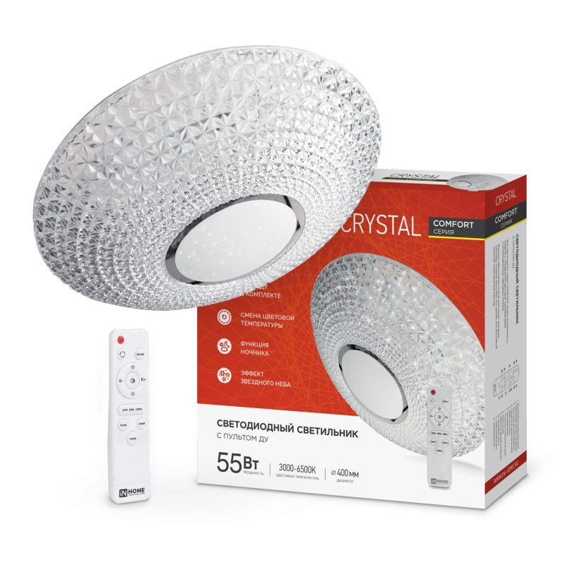 картинка Светильник светодиодный COMFORT CRYSTAL 55Вт 230В 3000-6500K 4400Лм 400x100мм с пультом ДУ IN HOME