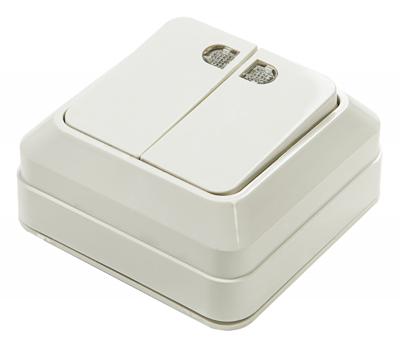 картинка Выключатель двухклавишный с подсветкой BOLLETO белый накладной 7123 IN HOME