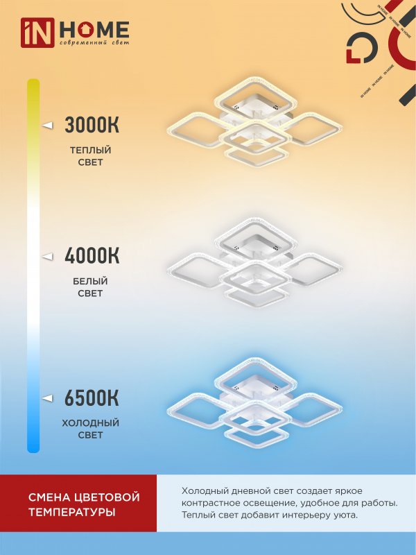 картинка Светильник светодиодный ELEGANT ARIS-W-BG 90Вт 230В 3000-6500K 7000Лм 557х557х115мм пульт ДУ белый IN HOME