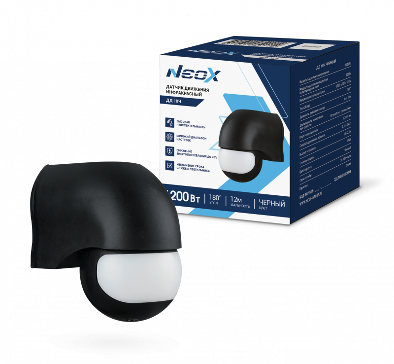 картинка Датчик движения инфракрасный ДД 10Ч 1200Вт 180 гр. 12м IP44 черный NEOX