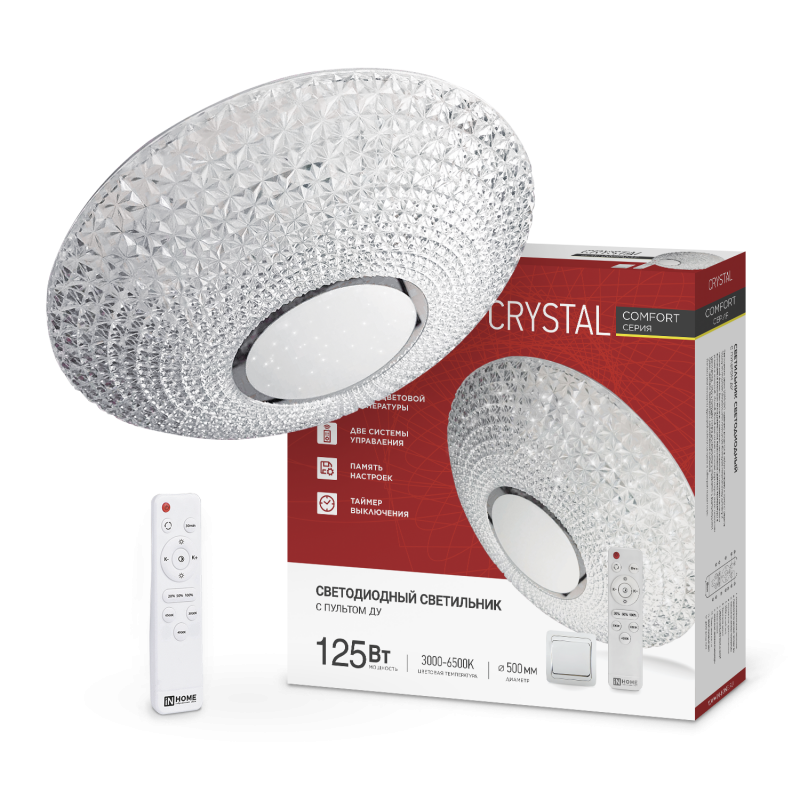 картинка Светильник светодиодный COMFORT CRYSTAL 125Вт 230В 3000-6500K 10000Лм 500x115мм с пультом ДУ IN HOME