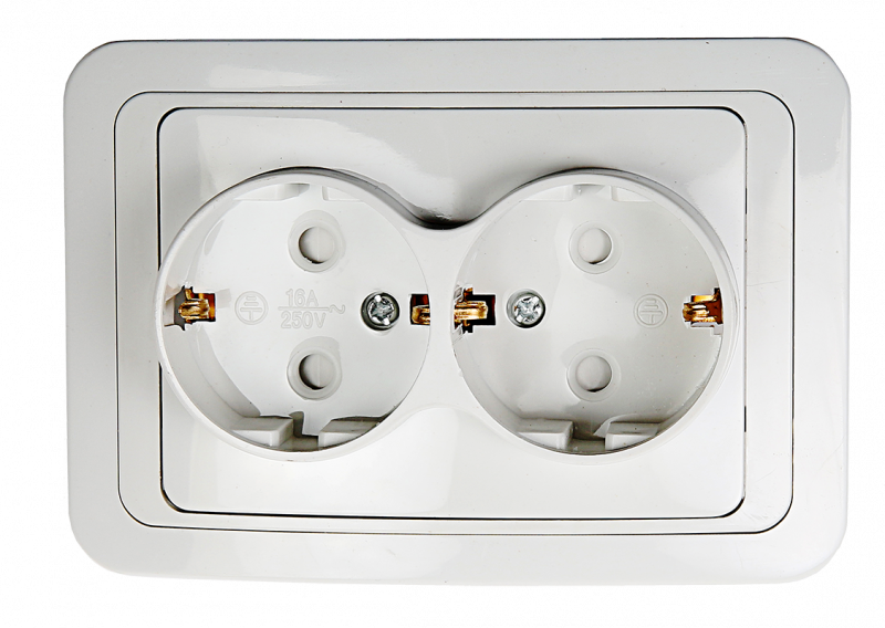 картинка Розетка двойная с заземлением со шторкой CLASSICO белая 2128x IN HOME