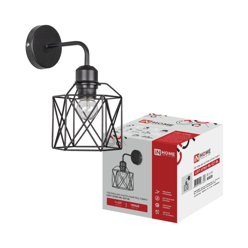 картинка Светильник настенный под лампу LOFT ATIKO-WL-E27-BL Е27 черный IN HOME