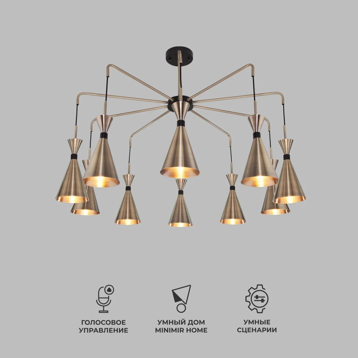 картинка Умная люстра в стиле лофт 316/10 латунь / черный