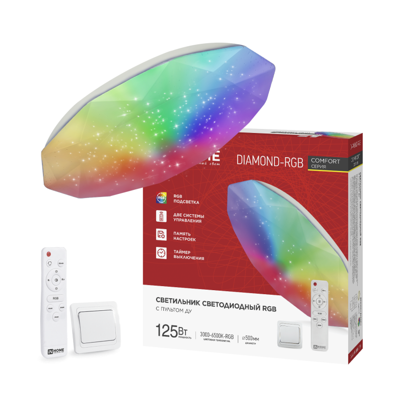 картинка Светильник светодиодный COMFORT DIAMOND-RGB 125Вт 230В 3000-6500K 10000Лм 500x105мм с пультом ДУ IN HOME