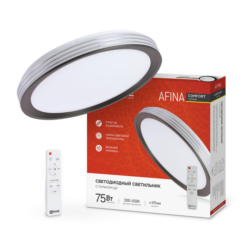 картинка Светильник светодиодный COMFORT AFINA 75Вт 230В 3000-6500K 6000Лм 500x80мм с пультом ДУ IN HOME