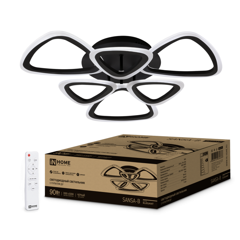 картинка Светильник светодиодный ELEGANT SANSA-B 90Вт 230В 3000-6500K 650х650х130мм c пультом ДУ черный IN HOME