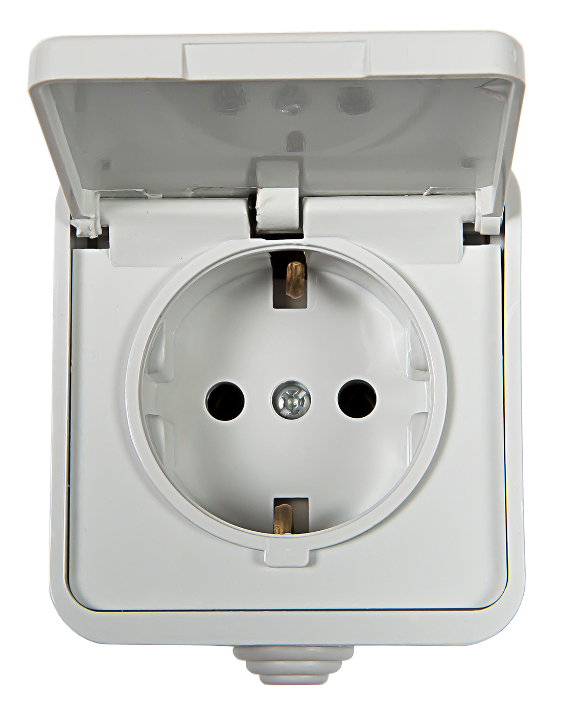 картинка Розетка одинарная с заземлением с крышкой AQUA белая полугерметичная 3112 IN HOME