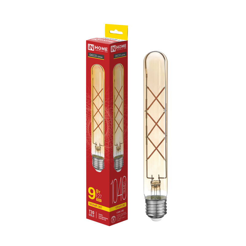 картинка Лампа светодиодная LED-T30-deco gold 9Вт 230В Е27 3000К 1040Лм 225мм золотистая IN HOME
