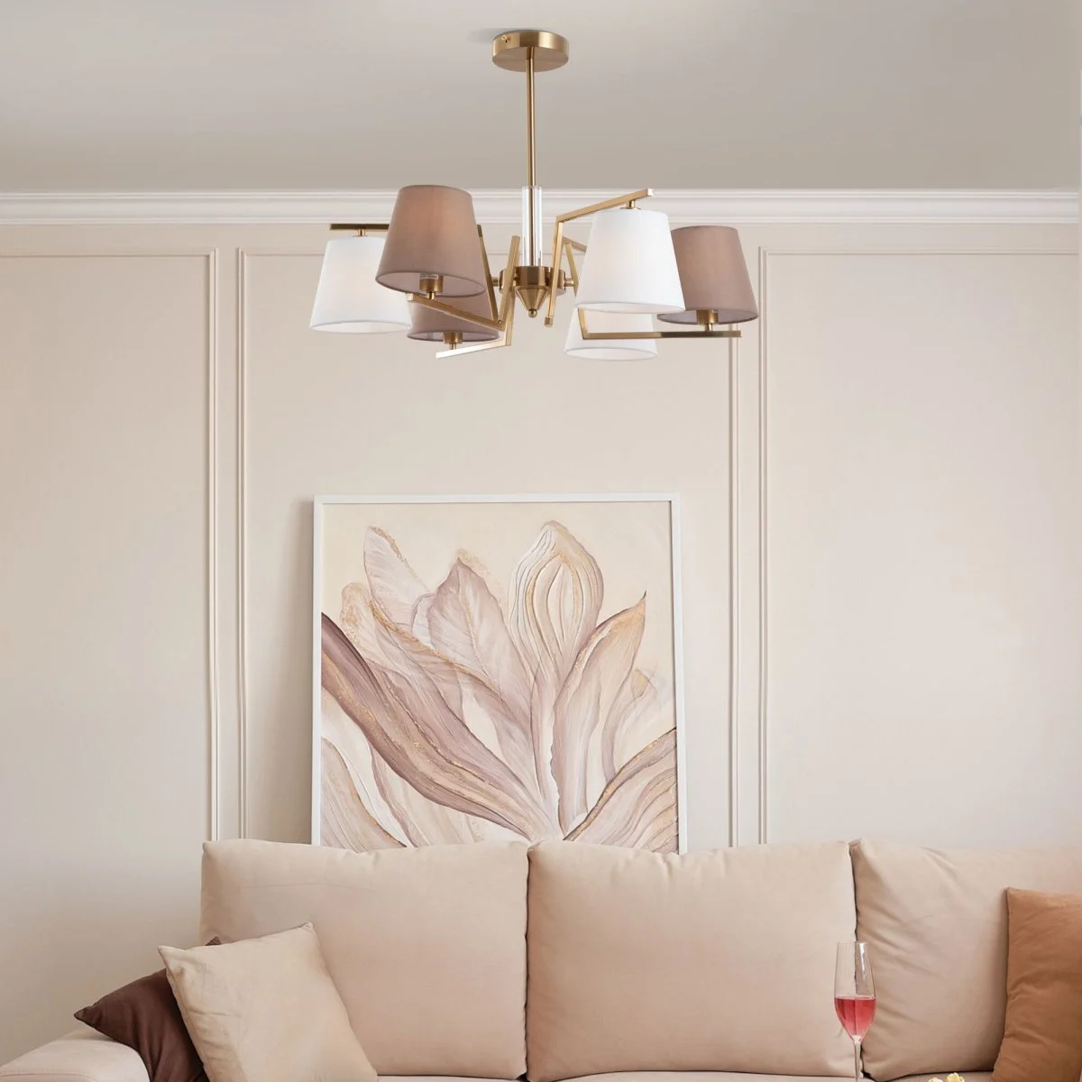 картинка Умная потолочная люстра с тканевыми абажурами 60149/6 латунь