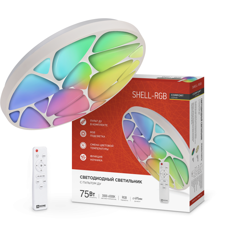 картинка Светильник светодиодный COMFORT SHELL-RGB 75Вт 230В 3000-6500K 6000Лм 500x80мм с пультом ДУ IN HOME