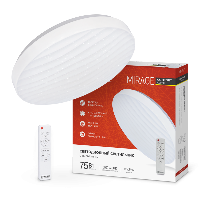 картинка Светильник светодиодный COMFORT MIRAGE 75Вт 230В 3000-6500K 6000Лм 500x105мм с пультом ДУ IN HOME