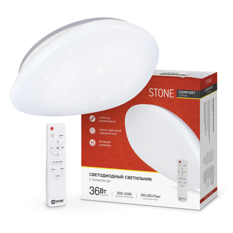 картинка Светильник светодиодный COMFORT STONE 36Вт 230В 3000-6500K 2900Лм 290x70мм с пультом ДУ IN HOME