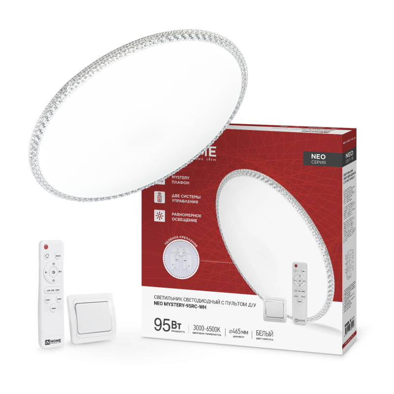 картинка Светильник светодиодный NEO MYSTERY-95RC-WH 95Вт 230В 3000-6500K 7600Лм 465x60мм с пультом ДУ белый IN HOME