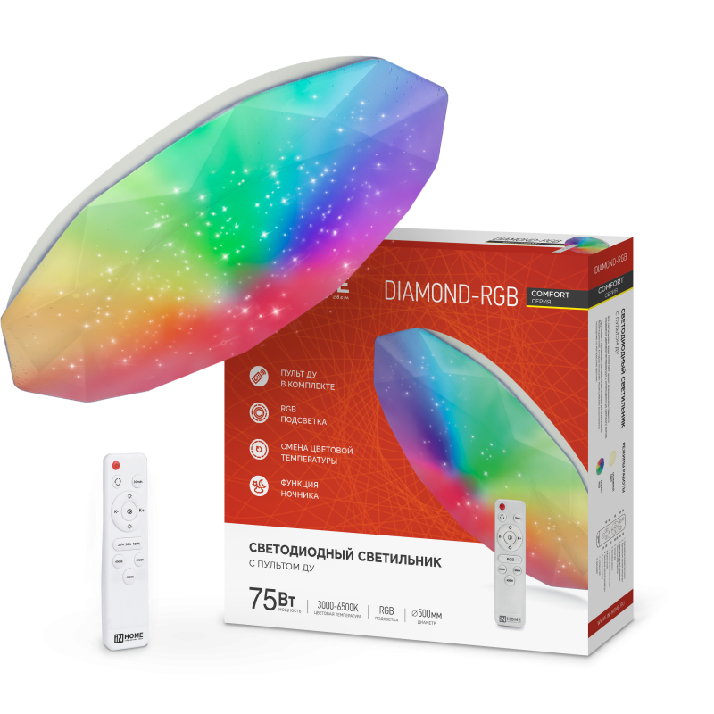 картинка Светильник светодиодный COMFORT DIAMOND-RGB 75Вт 230В 3000-6500K 6000Лм 500x105мм с пультом ДУ IN HOME
