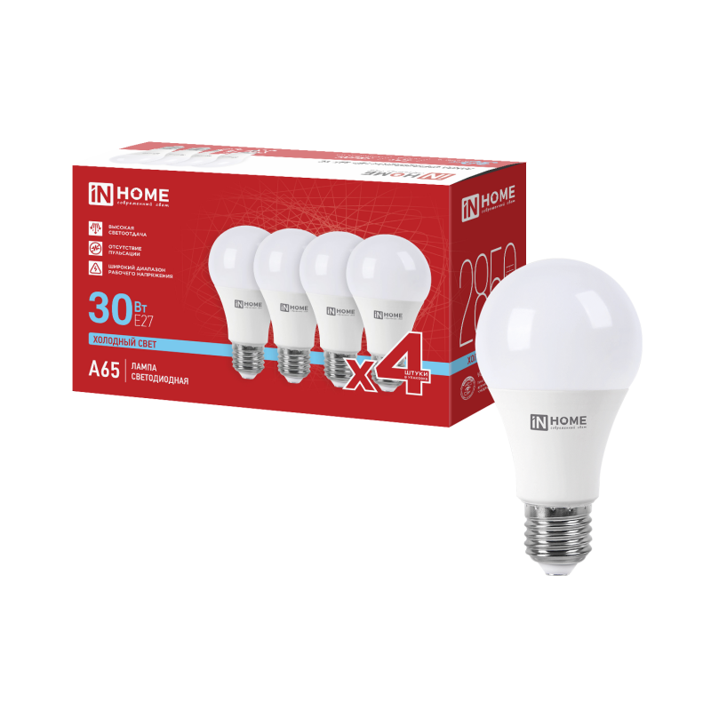 картинка Лампа светодиодная LED-A65-VC 4PACK 30Вт 230В Е27 6500К 2850Лм (4шт./упак) IN HOME